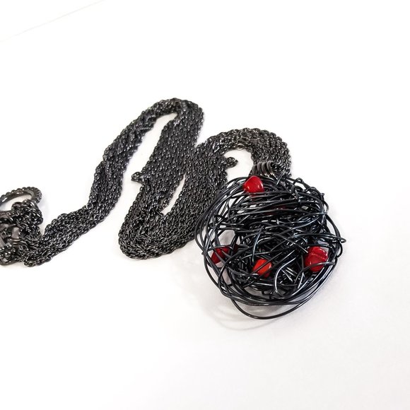 Necklace with Oval Pendant Coral Gemstone Handmade - Picture 1 of 9